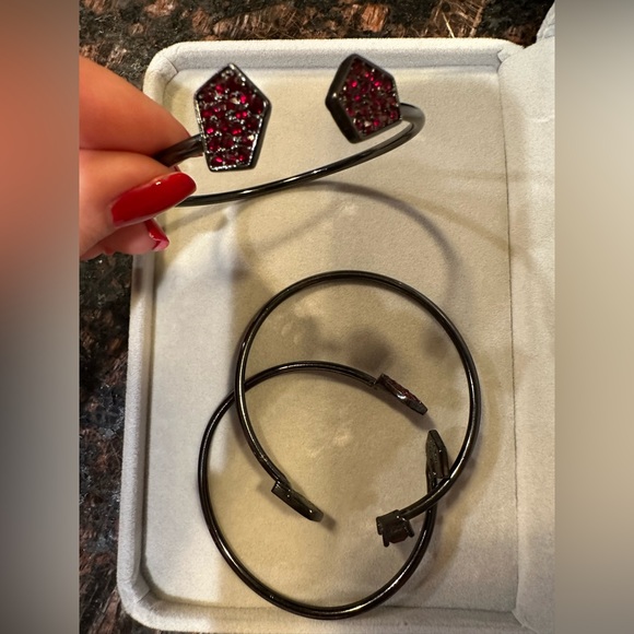 Guess Gunmetal & Ruby Bangle Cuff Bracelet Set - Picture 4 of 9